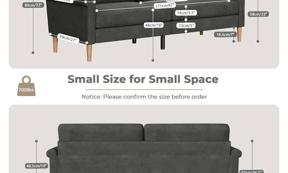 Vesgantti 75" Couch, Comfy Small Sofas, Mid Century Modern Decor Loveseat Sofa, Couches for Living Room, Small Sofa for Bedroom, 3-Seat Sofa Living Room Furniture,No Tool Fast Assembly