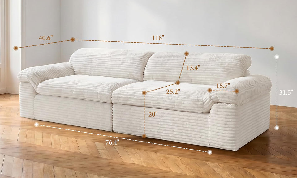 Vesgantti 118" Deep Seat Modular Sofa, Corduroy Cloud Comfort Couch with Curved Armrests, No Assembly Required