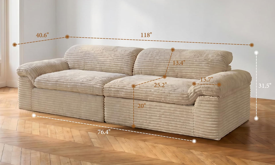 Vesgantti 118" Deep Seat Modular Sofa, Corduroy Cloud Comfort Couch with Curved Armrests, No Assembly Required