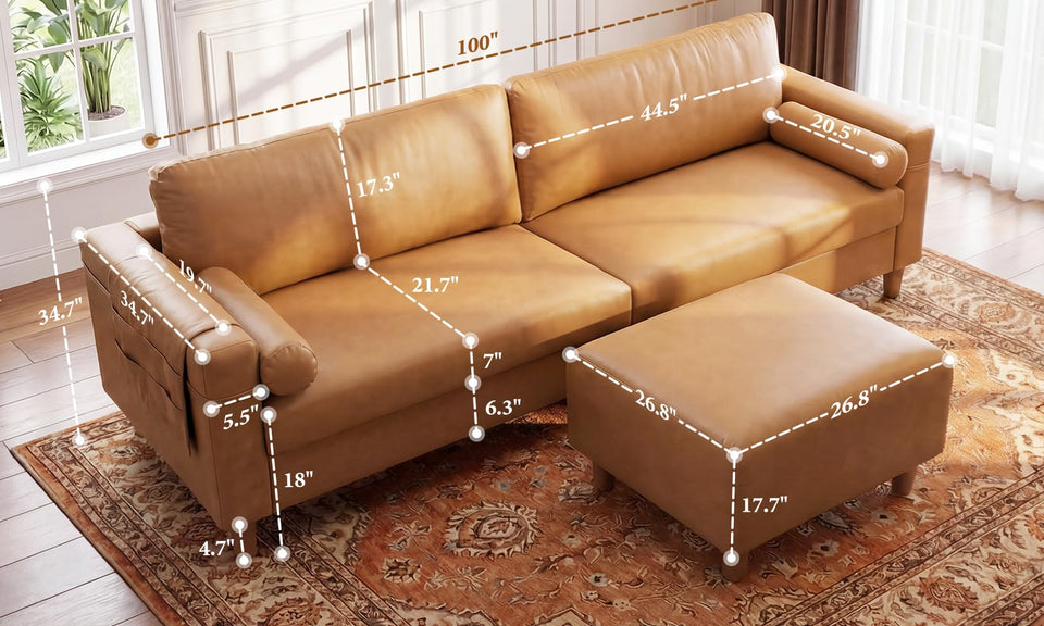 Vesgantti 100" L-Shaped Faux Leather Modular Sectional Couch, Mid Century PU Leather Sofa with Movable Ottoman