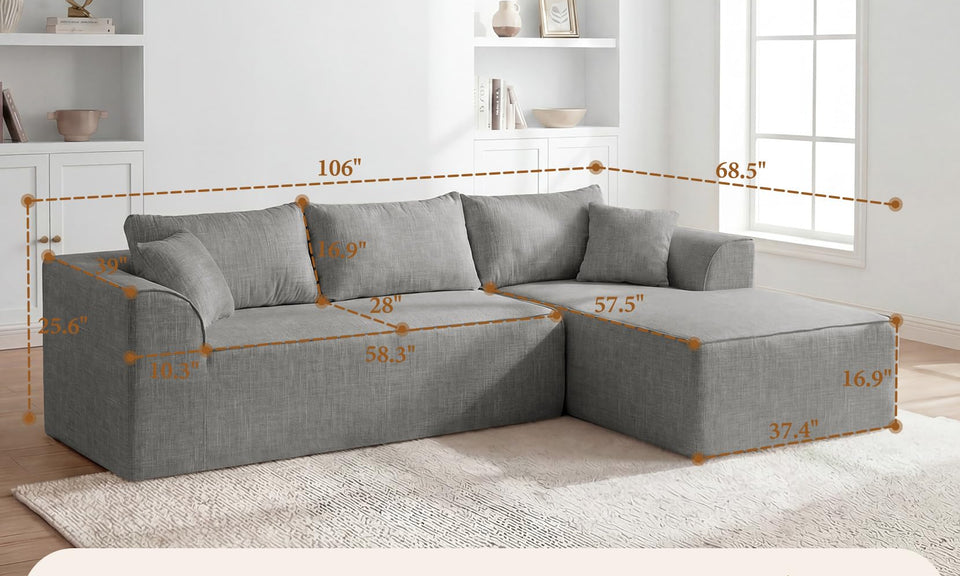 Vesgantti 106"/135" Boneless Cloud Couch with Chaise, No Assembly Required, Deep Seat L Couch, Sectional Modular Sofa, Memory Foam Living Room Couches for Apartment, Corduroy/Chenille