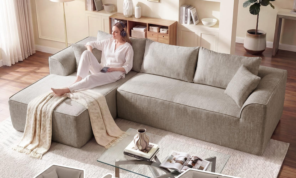 Vesgantti 106"/135" Boneless Cloud Couch with Chaise, No Assembly Required, Deep Seat L Couch, Sectional Modular Sofa, Memory Foam Living Room Couches for Apartment, Corduroy/Chenille