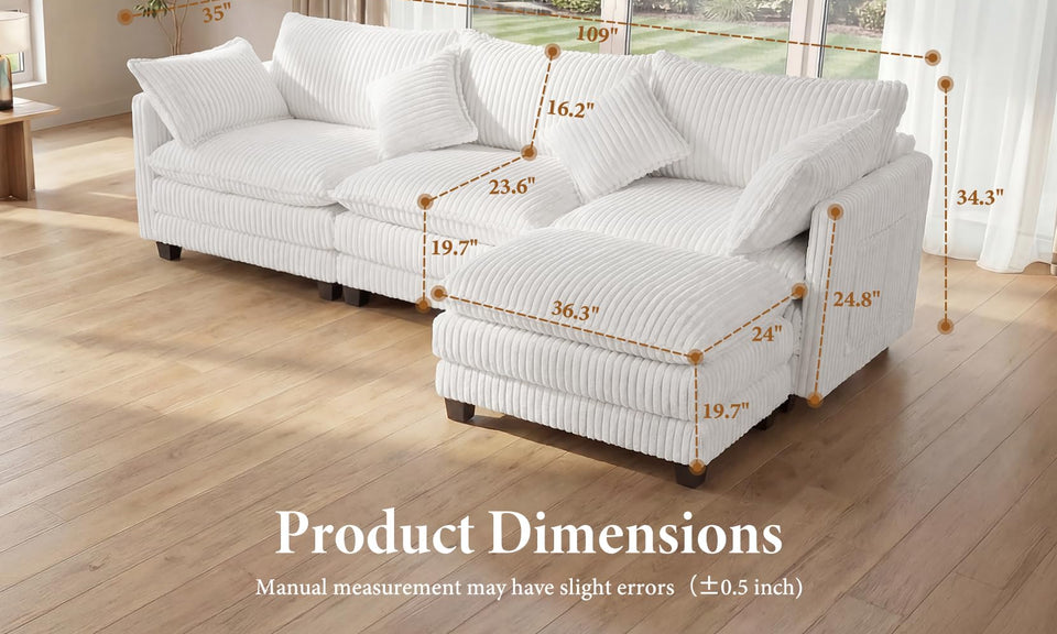 Vesgantti 109" 143" L Shaped U Shaped Modular Sectional Sofa, Comfy Upholstered Cloud Corduroy Couches with Ottomans for Living Room