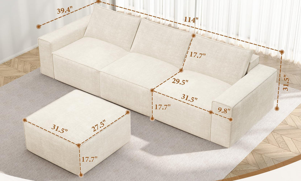 Vesgantti 114" 145.6" 143.7" L/U Shaped Boneless Cloud Couch, Chenille Sectional Modular Sofa Couch with Ottoman, No Assembly Required, Free Combination