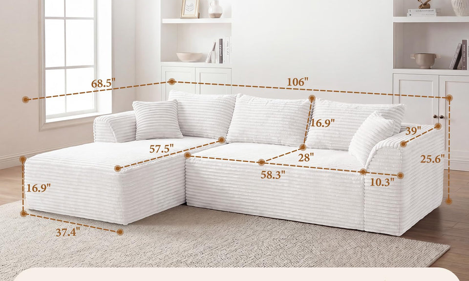 Vesgantti 106"/135" Boneless Cloud Couch with Chaise, No Assembly Required, Deep Seat L Couch, Sectional Modular Sofa, Memory Foam Living Room Couches for Apartment, Corduroy/Chenille