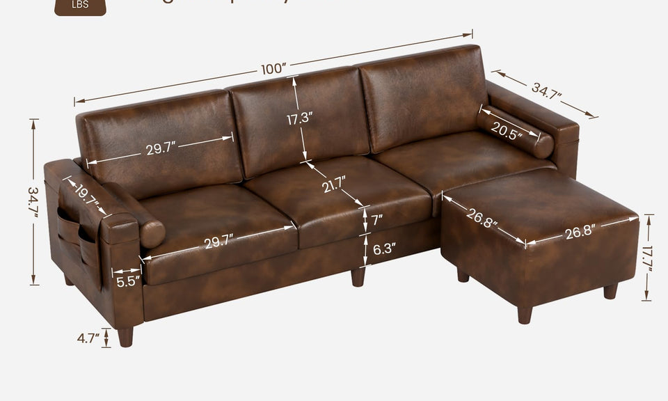 Vesgantti 100" L-Shaped Faux Leather Modular Sectional Couch, Mid Century PU Leather Sofa with Movable Ottoman