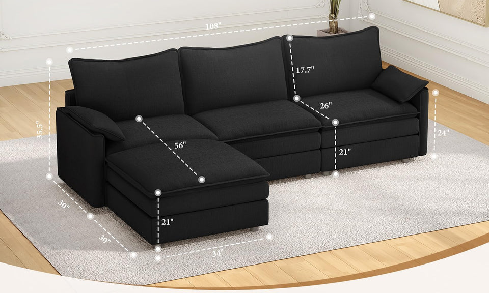 Vesgantti Modular Sectional Sofa, Cloud Couch, Modern Corduroy/Chenille, Height Adjustable, Cloud-Like Comfort, Deep Seat, Movable Ottoman, Couches for Living Room