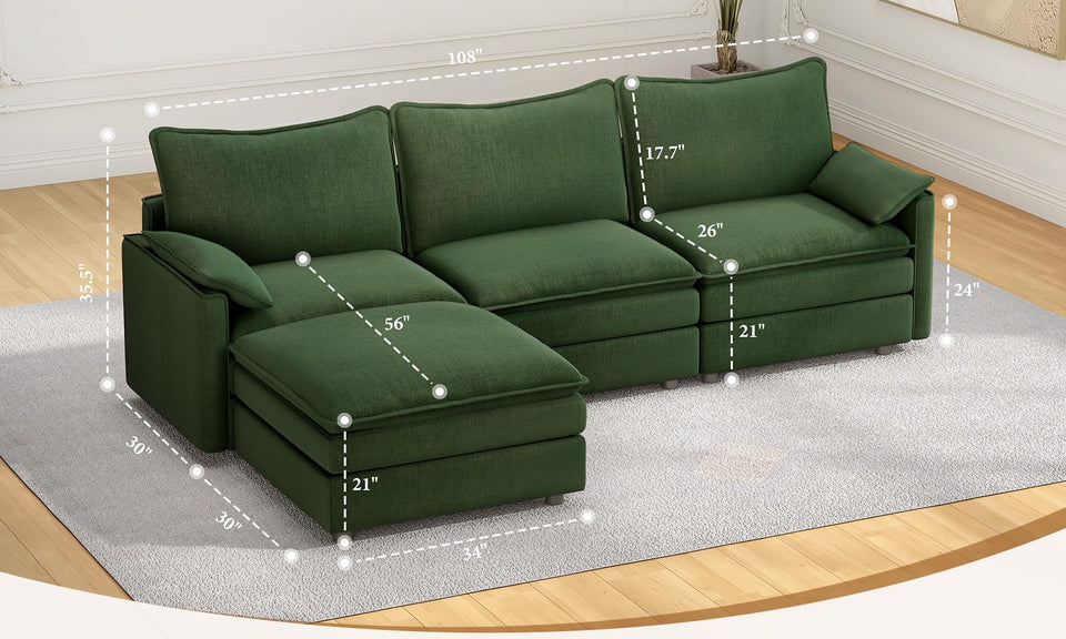 Vesgantti Modular Sectional Sofa, Cloud Couch, Modern Corduroy/Chenille, Height Adjustable, Cloud-Like Comfort, Deep Seat, Movable Ottoman, Couches for Living Room
