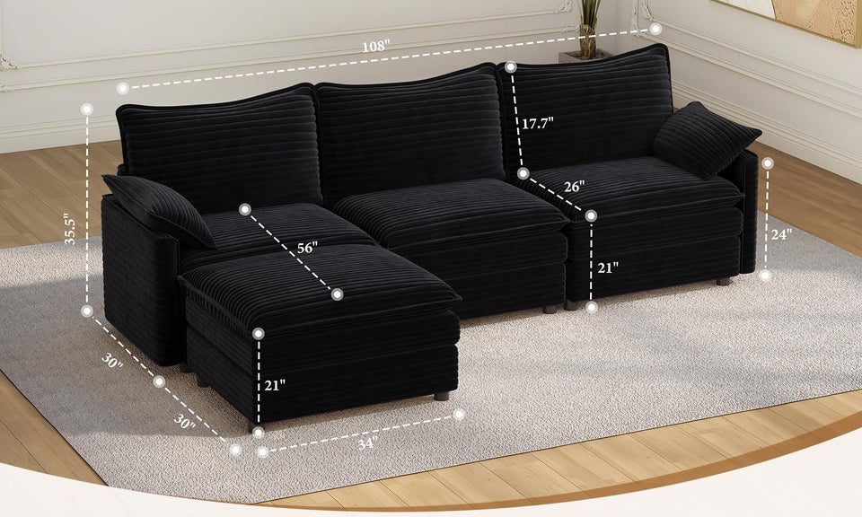 Vesgantti Modular Sectional Sofa, Cloud Couch, Modern Corduroy/Chenille, Height Adjustable, Cloud-Like Comfort, Deep Seat, Movable Ottoman, Couches for Living Room