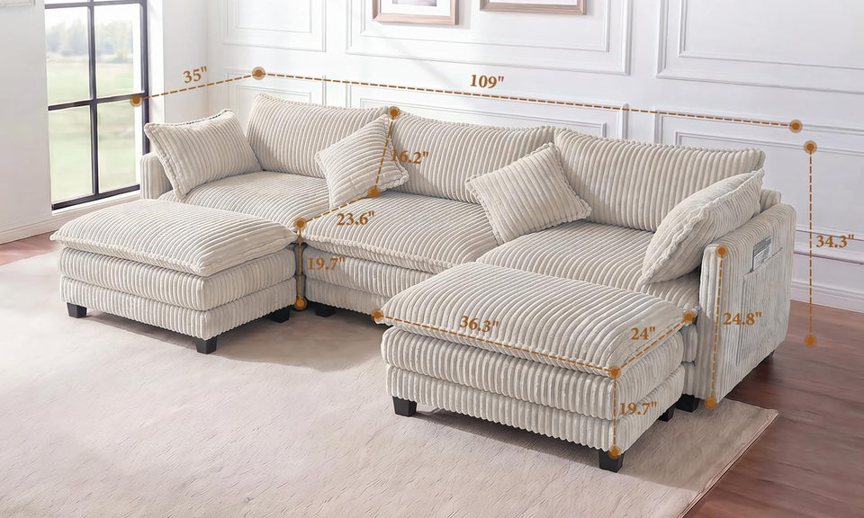 Vesgantti 109" 143" L Shaped U Shaped Modular Sectional Sofa, Comfy Upholstered Cloud Corduroy Couches with Ottomans for Living Room