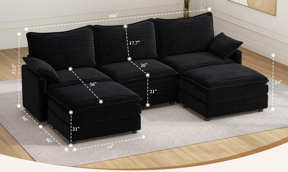 Vesgantti Modular Sectional Sofa, Cloud Couch, Modern Corduroy/Chenille, Height Adjustable, Cloud-Like Comfort, Deep Seat, Movable Ottoman, Couches for Living Room