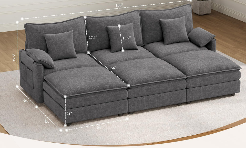 Vesgantti Modular Sectional Sofa, Cloud Couch, Modern Corduroy/Chenille, Height Adjustable, Cloud-Like Comfort, Deep Seat, Movable Ottoman, Couches for Living Room