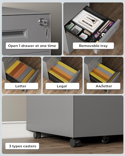 Dripex 3-Drawer Mobile File Cabinet with Lock, Metal Rolling Filing Cabinet for Home Office, Fully Assembled