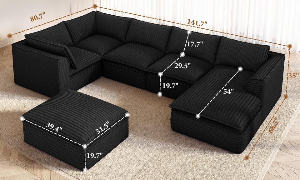 Vesgantti 141.7" 204.7" Corduroy Boneless Sectional Couch, Modular Couch with Chaise & Ottoman, No Assembly Required