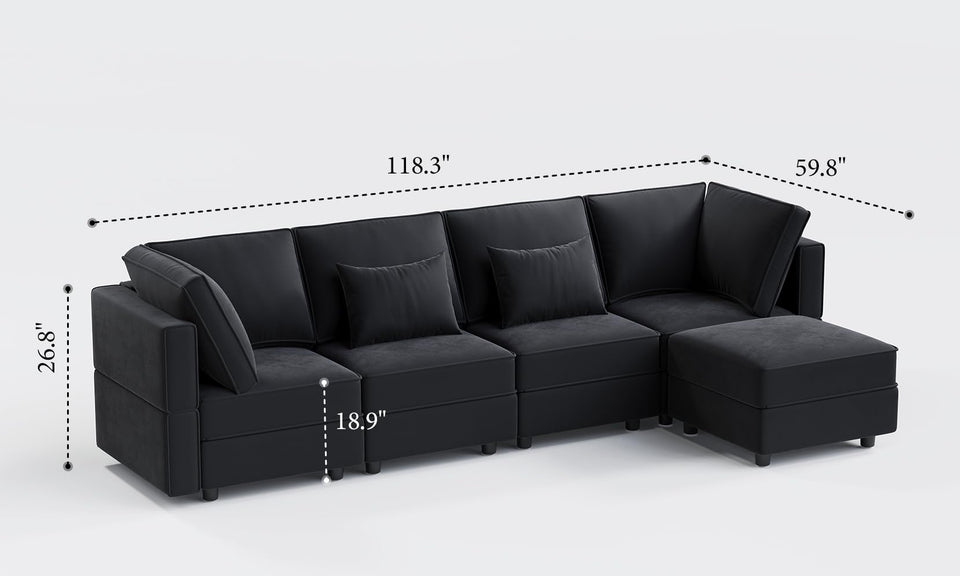 Vesgantti 92" 118" 5/6/8/9 Seats L Shaped U Shaped Modular Sectional Couch with Storage, Velvet Upholstery with Adjustable Backrests & Armrests