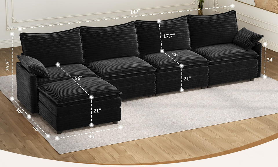 Vesgantti Modular Sectional Sofa, Cloud Couch, Modern Corduroy/Chenille, Height Adjustable, Cloud-Like Comfort, Deep Seat, Movable Ottoman, Couches for Living Room