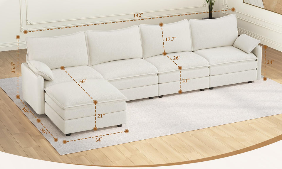 Vesgantti Modular Sectional Sofa, Cloud Couch, Modern Corduroy/Chenille, Height Adjustable, Cloud-Like Comfort, Deep Seat, Movable Ottoman, Couches for Living Room