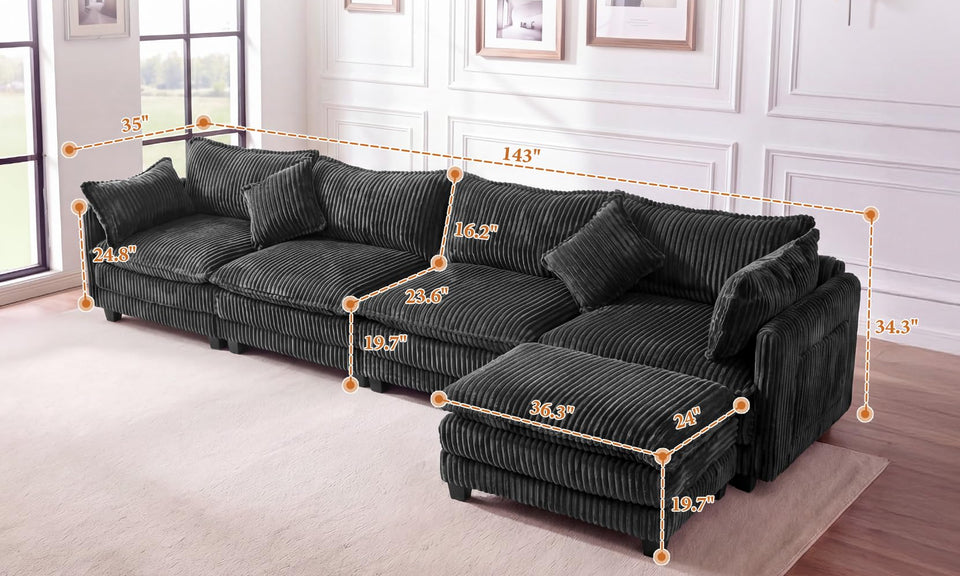 Vesgantti 109" 143" L Shaped U Shaped Modular Sectional Sofa, Comfy Upholstered Cloud Corduroy Couches with Ottomans for Living Room