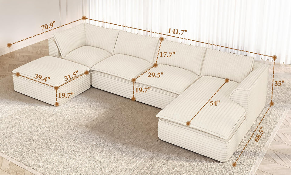 Vesgantti 141.7" 204.7" Corduroy Boneless Sectional Couch, Modular Couch with Chaise & Ottoman, No Assembly Required