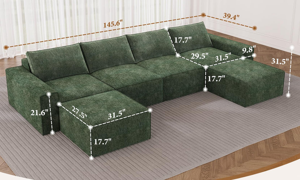 Vesgantti 114" 145.6" 143.7" L/U Shaped Boneless Cloud Couch, Chenille Sectional Modular Sofa Couch with Ottoman, No Assembly Required, Free Combination