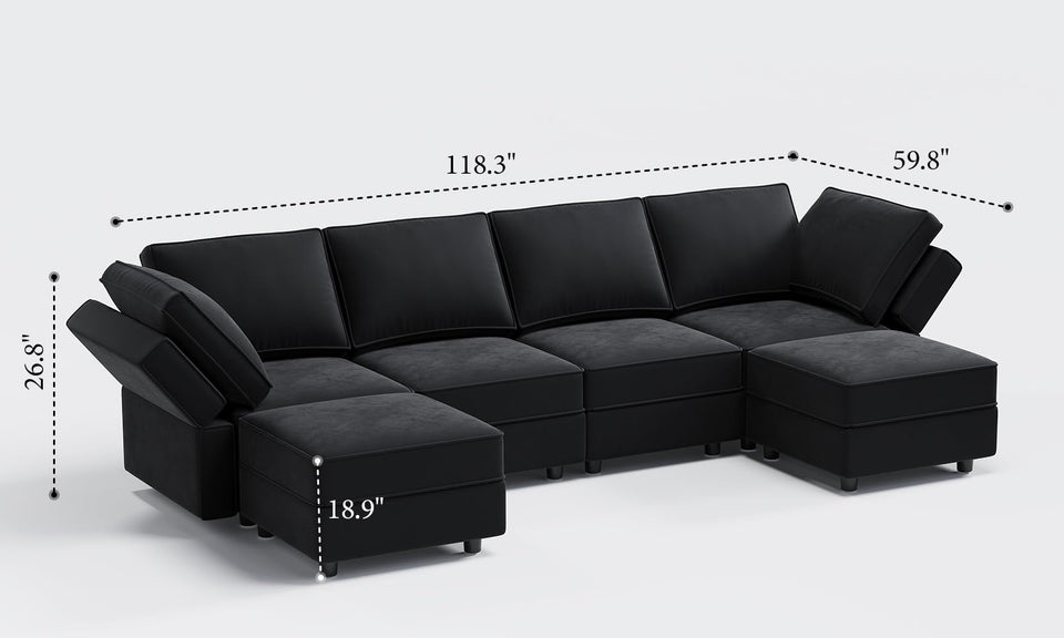 Vesgantti 92" 118" 5/6/8/9 Seats L Shaped U Shaped Modular Sectional Couch with Storage, Velvet Upholstery with Adjustable Backrests & Armrests