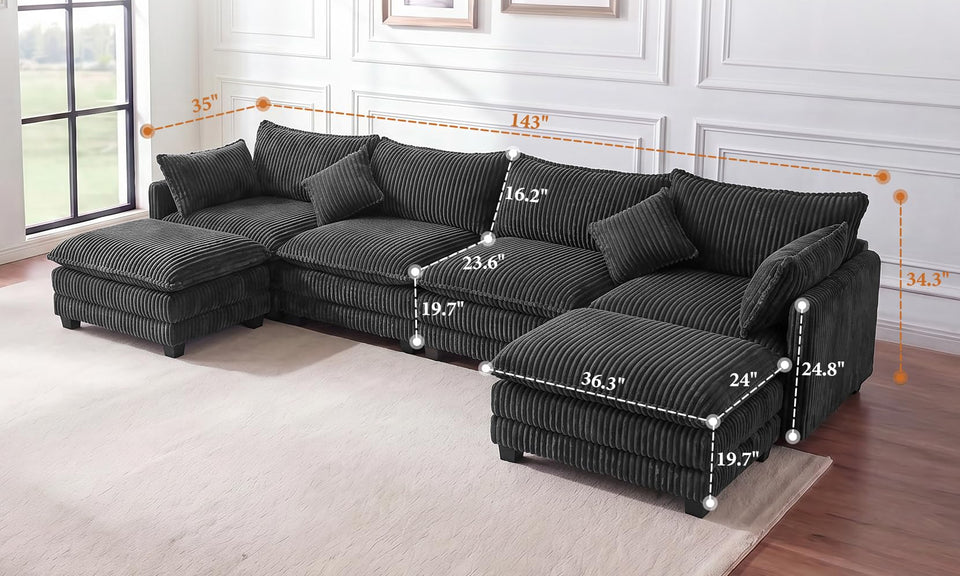 Vesgantti 109" 143" L Shaped U Shaped Modular Sectional Sofa, Comfy Upholstered Cloud Corduroy Couches with Ottomans for Living Room