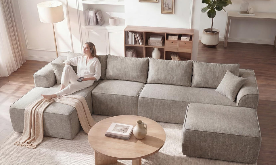 Vesgantti 106"/135" Boneless Cloud Couch with Chaise, No Assembly Required, Deep Seat L Couch, Sectional Modular Sofa, Memory Foam Living Room Couches for Apartment, Corduroy/Chenille
