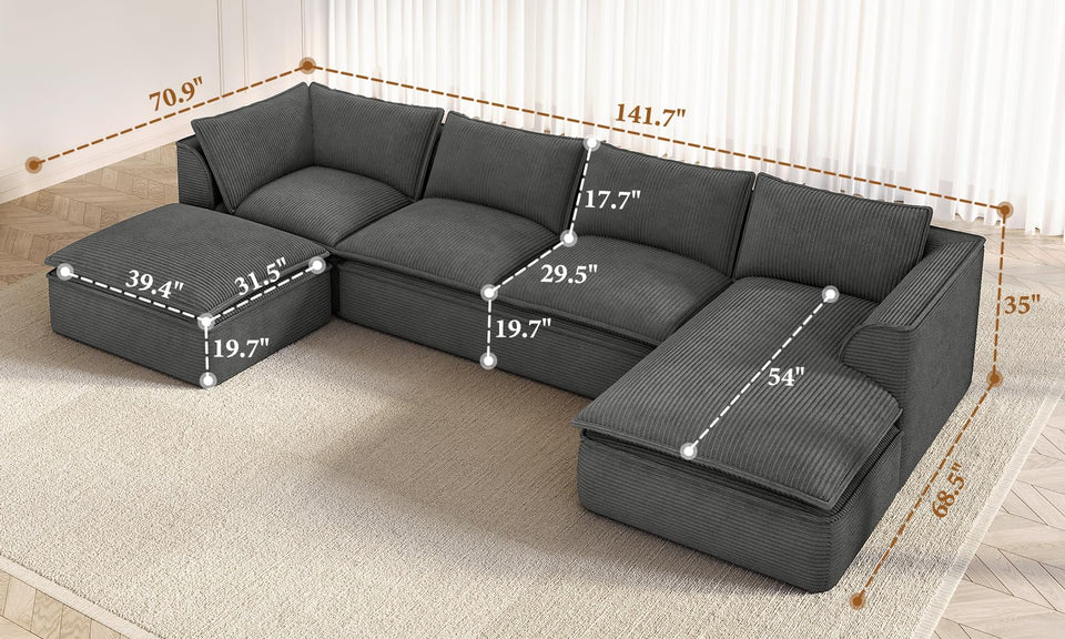 Vesgantti 141.7" 204.7" Corduroy Boneless Sectional Couch, Modular Couch with Chaise & Ottoman, No Assembly Required