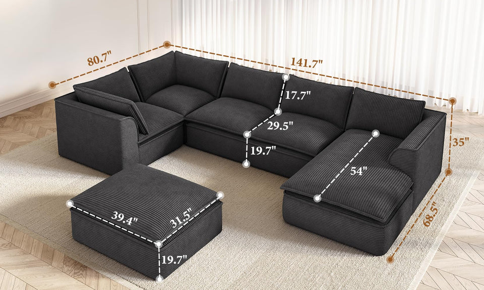 Vesgantti 141.7" 204.7" Corduroy Boneless Sectional Couch, Modular Couch with Chaise & Ottoman, No Assembly Required