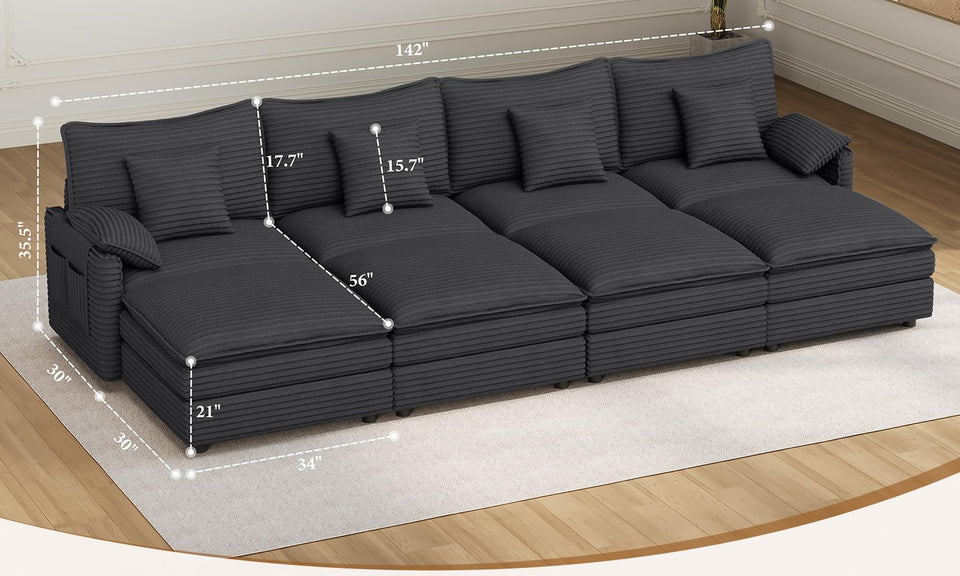 Vesgantti Modular Sectional Sofa, Cloud Couch, Modern Corduroy/Chenille, Height Adjustable, Cloud-Like Comfort, Deep Seat, Movable Ottoman, Couches for Living Room