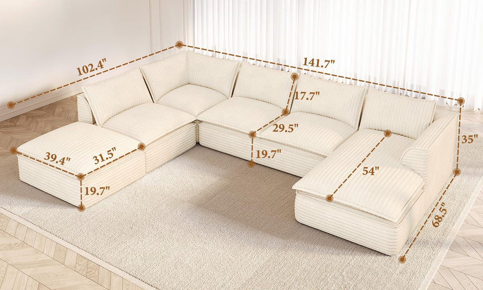 Vesgantti 141.7" 204.7" Corduroy Boneless Sectional Couch, Modular Couch with Chaise & Ottoman, No Assembly Required