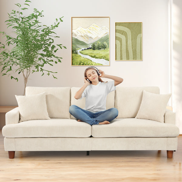 Kidirect 70in Beige White Sofa, Couches for Living Room 21in Extra Deep Seats, Comfy Corduroy Sofas for Living Room No Tool Assembly, Modern Oversized Love Seat with 2 Pillows, Sofa Couch for Bedroom