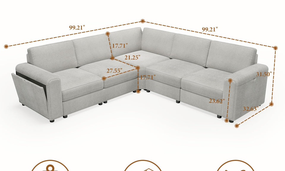 Vesgantti Modular L Shaped Sectional Couch, Chenille Corner Sofa with Storage Armrests