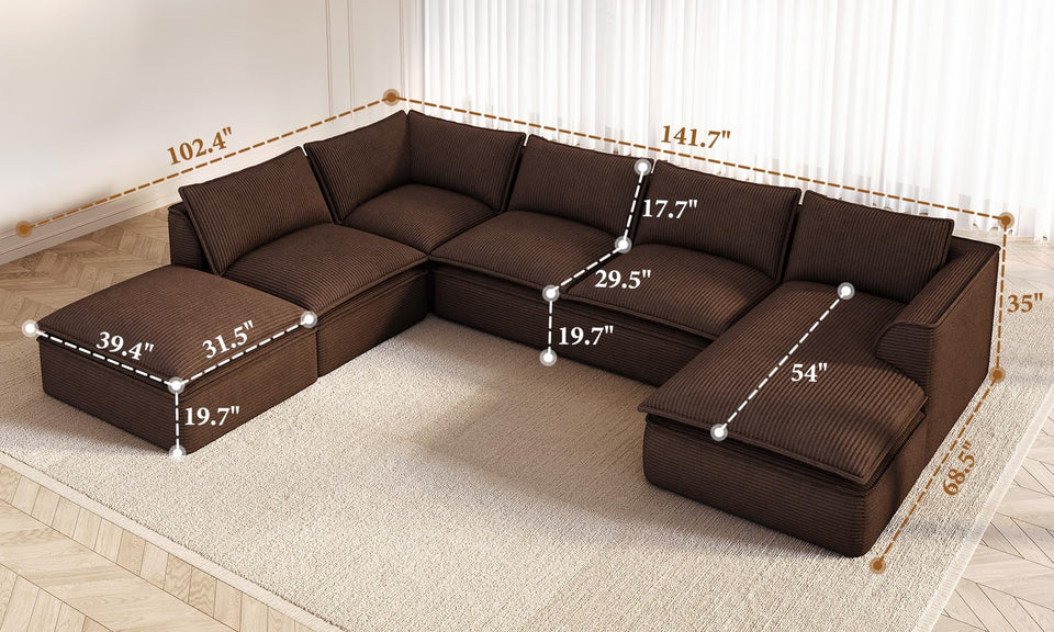 Vesgantti 141.7" 204.7" Corduroy Boneless Sectional Couch, Modular Couch with Chaise & Ottoman, No Assembly Required