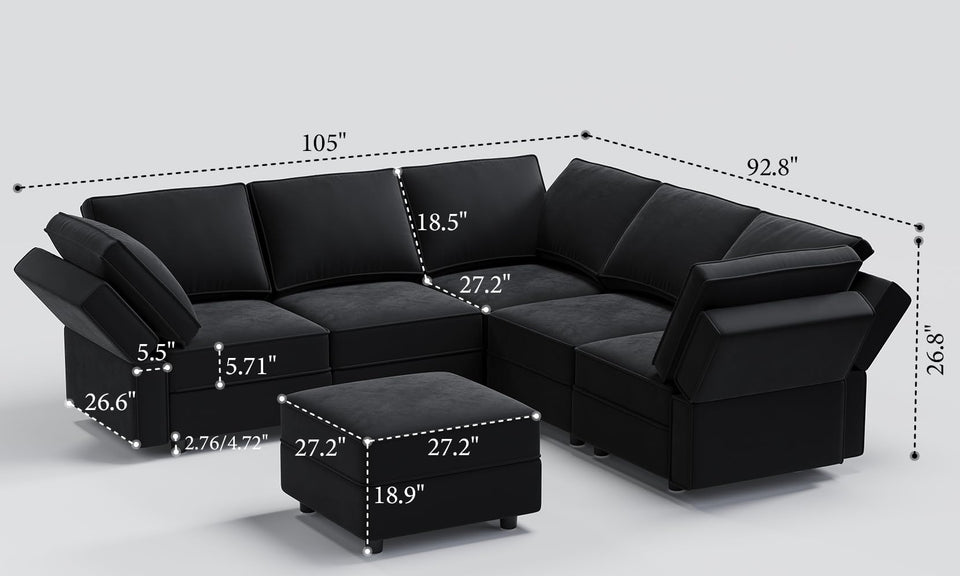 Vesgantti 92" 118" 5/6/8/9 Seats L Shaped U Shaped Modular Sectional Couch with Storage, Velvet Upholstery with Adjustable Backrests & Armrests