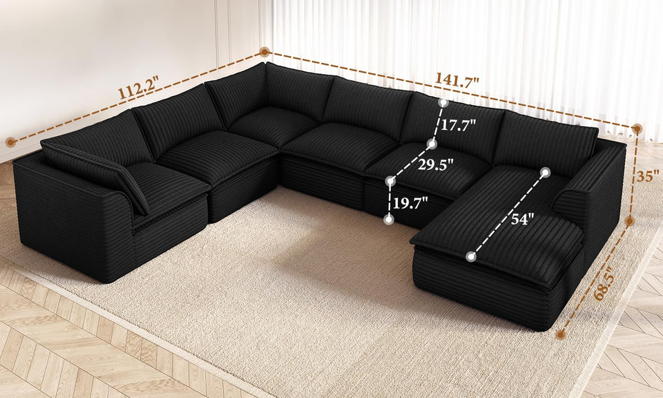 Vesgantti 141.7" 204.7" Corduroy Boneless Sectional Couch, Modular Couch with Chaise & Ottoman, No Assembly Required