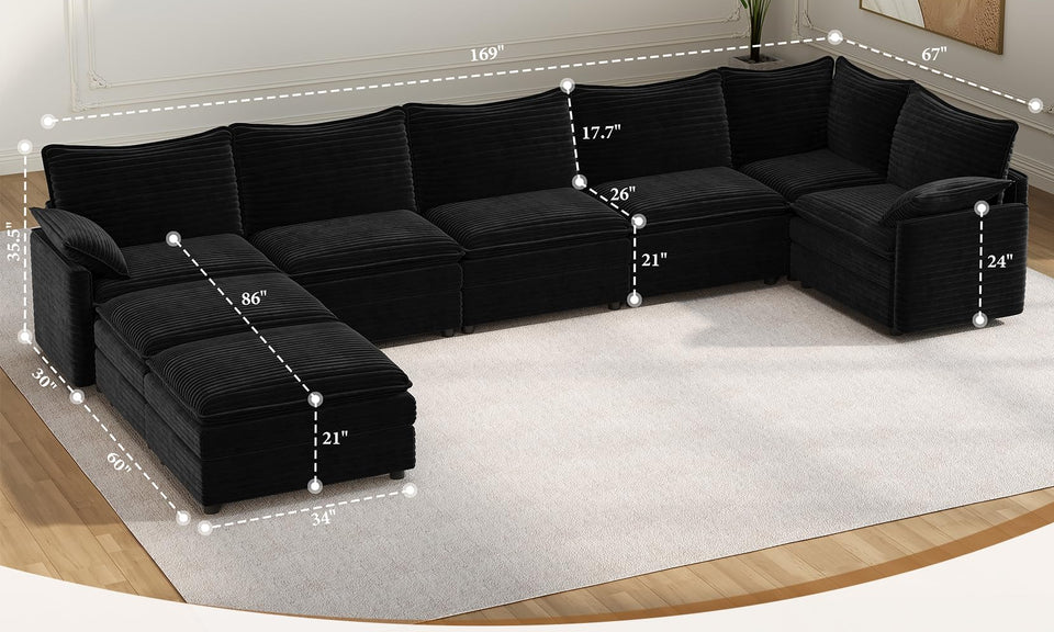 Vesgantti Modular Sectional Sofa, Cloud Couch, Modern Corduroy/Chenille, Height Adjustable, Cloud-Like Comfort, Deep Seat, Movable Ottoman, Couches for Living Room