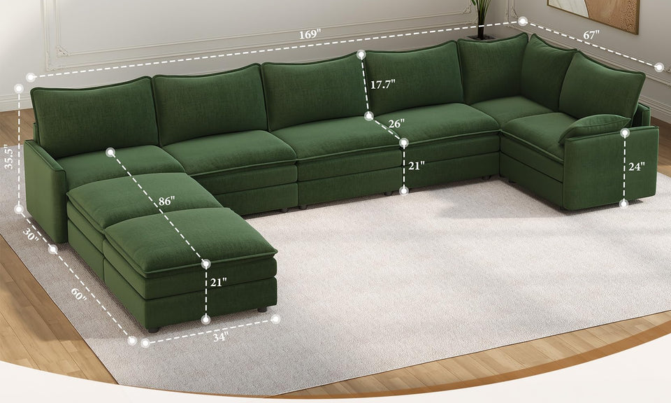 Vesgantti Modular Sectional Sofa, Cloud Couch, Modern Corduroy/Chenille, Height Adjustable, Cloud-Like Comfort, Deep Seat, Movable Ottoman, Couches for Living Room
