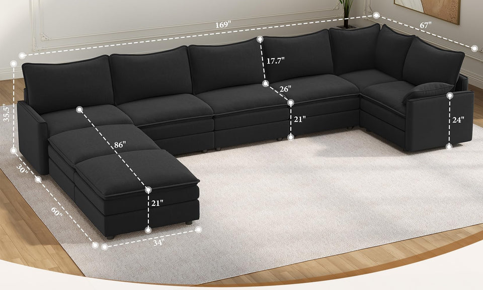 Vesgantti Modular Sectional Sofa, Cloud Couch, Modern Corduroy/Chenille, Height Adjustable, Cloud-Like Comfort, Deep Seat, Movable Ottoman, Couches for Living Room