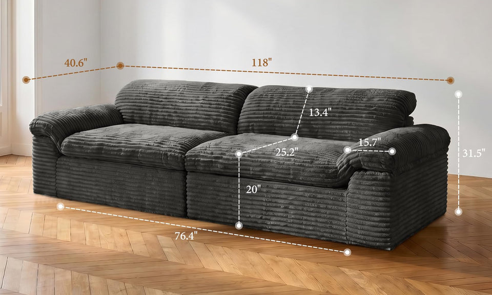 Vesgantti 118" Deep Seat Modular Sofa, Corduroy Cloud Comfort Couch with Curved Armrests, No Assembly Required
