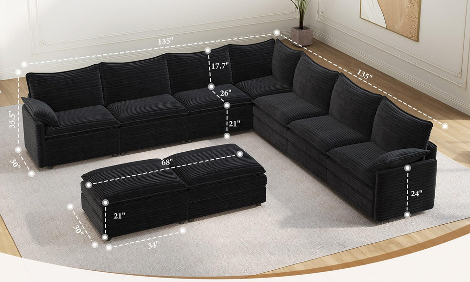 Vesgantti Modular Sectional Sofa, Cloud Couch, Modern Corduroy/Chenille, Height Adjustable, Cloud-Like Comfort, Deep Seat, Movable Ottoman, Couches for Living Room