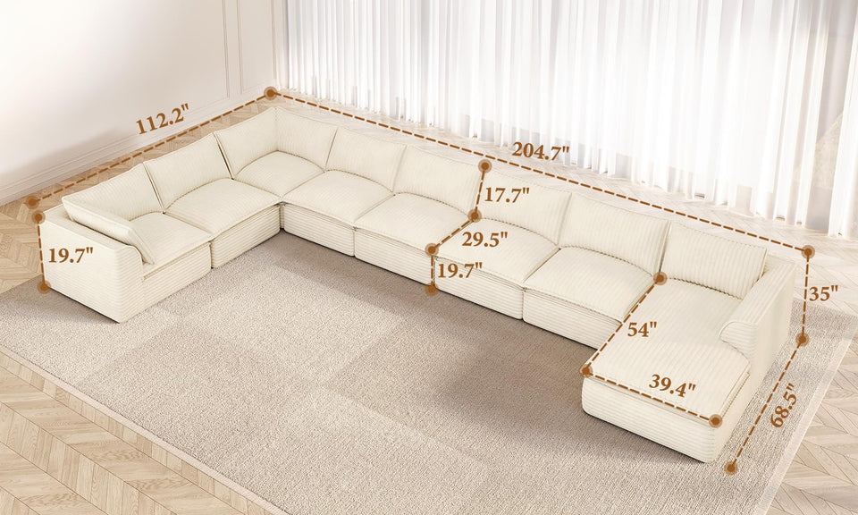 Vesgantti 141.7" 204.7" Corduroy Boneless Sectional Couch, Modular Couch with Chaise & Ottoman, No Assembly Required