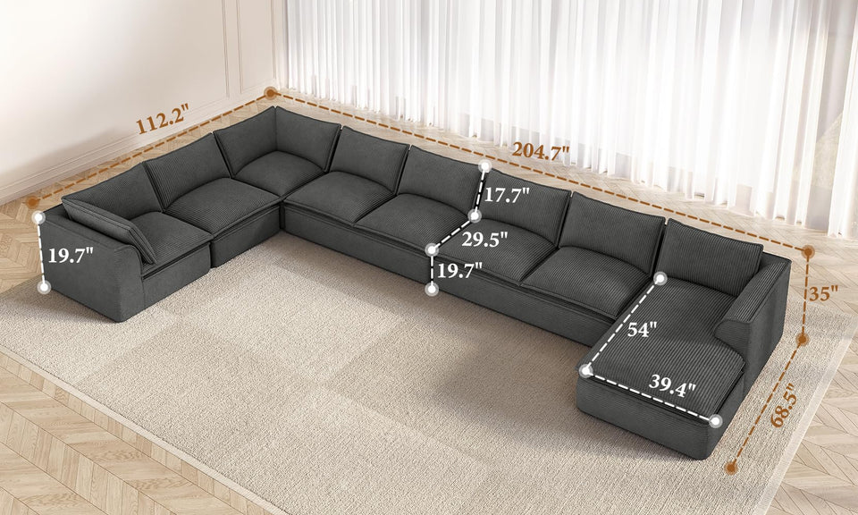 Vesgantti 141.7" 204.7" Corduroy Boneless Sectional Couch, Modular Couch with Chaise & Ottoman, No Assembly Required