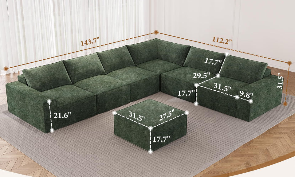 Vesgantti 114" 145.6" 143.7" L/U Shaped Boneless Cloud Couch, Chenille Sectional Modular Sofa Couch with Ottoman, No Assembly Required, Free Combination
