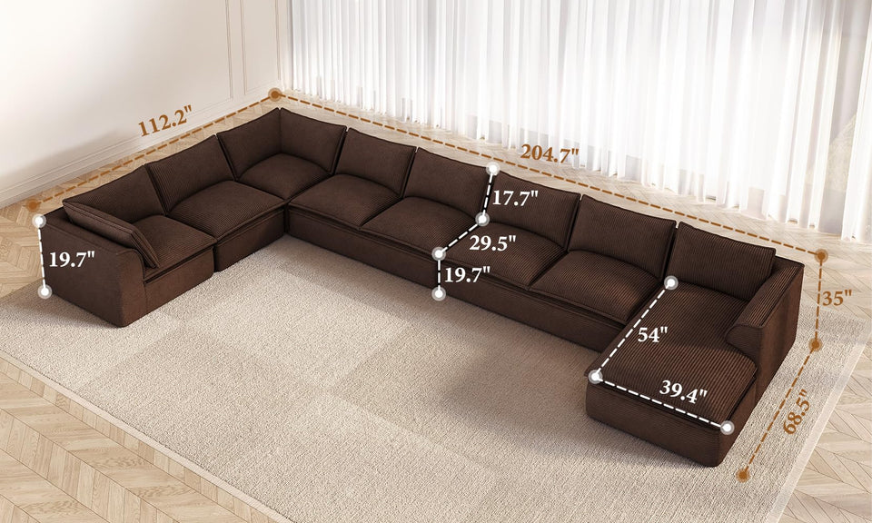 Vesgantti 141.7" 204.7" Corduroy Boneless Sectional Couch, Modular Couch with Chaise & Ottoman, No Assembly Required