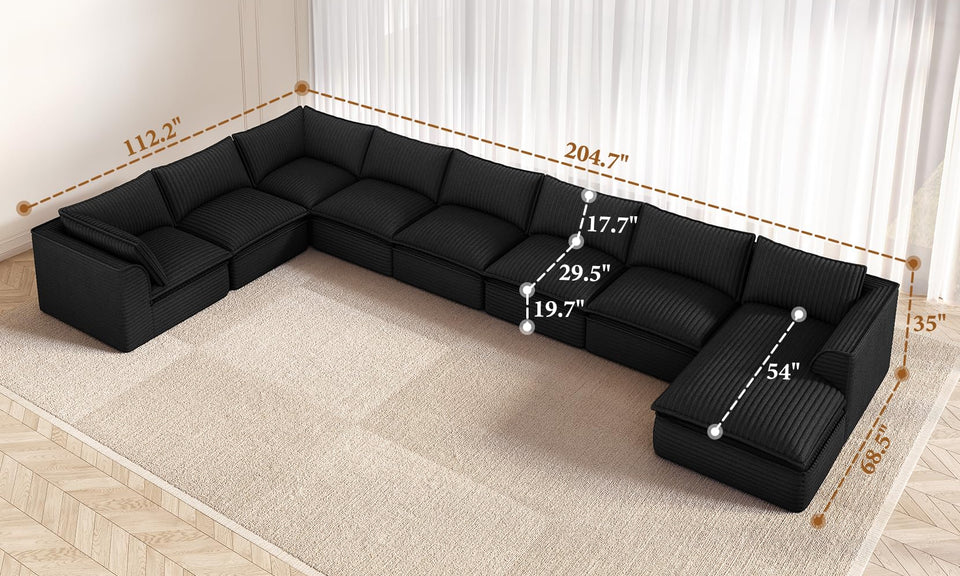 Vesgantti 141.7" 204.7" Corduroy Boneless Sectional Couch, Modular Couch with Chaise & Ottoman, No Assembly Required