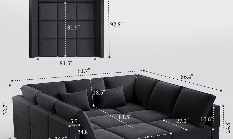 Vesgantti 92" 118" 5/6/8/9 Seats L Shaped U Shaped Modular Sectional Couch with Storage, Velvet Upholstery with Adjustable Backrests & Armrests
