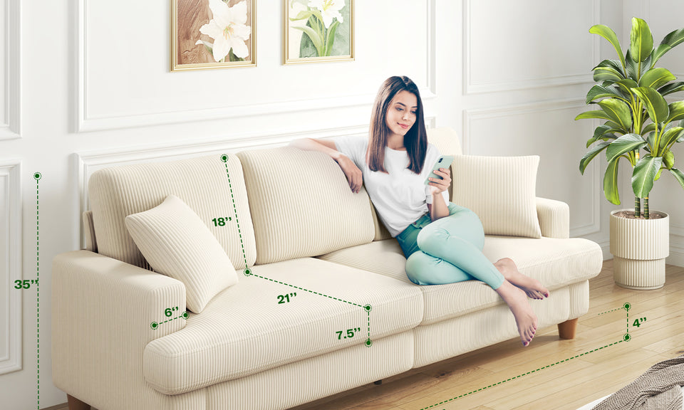 Kidirect 70in Beige White Sofa, Couches for Living Room 21in Extra Deep Seats, Comfy Corduroy Sofas for Living Room No Tool Assembly, Modern Oversized Love Seat with 2 Pillows, Sofa Couch for Bedroom