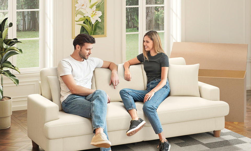 Kidirect 70in Beige White Sofa, Couches for Living Room 21in Extra Deep Seats, Comfy Corduroy Sofas for Living Room No Tool Assembly, Modern Oversized Love Seat with 2 Pillows, Sofa Couch for Bedroom