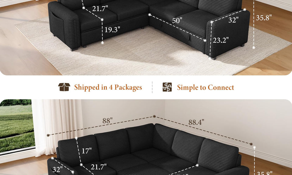 Vesgantti 88.4" 113.6" Corduroy/Chenille Sectional Sleeper Sofa with Pull Out Bed Chaise, Comfy Modular Cloud Couch with Storage